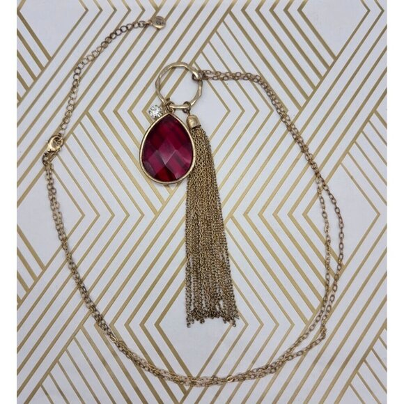 Veronese Signed Gold Tone Tassel Red Teardrop & Crystal Pendant Necklace 32" - Picture 10 of 11